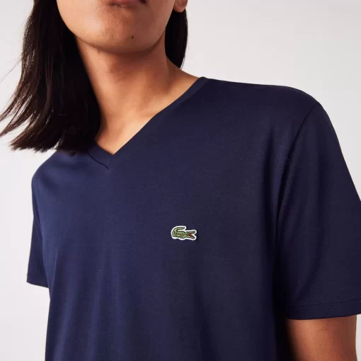 Lacoste T-Shirts>Herren-Shirt Aus Pima-Baumwolljersey Mit V-Ausschnitt Navy Blau 166