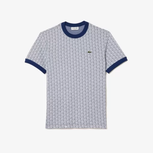 Lacoste T-Shirts>Jacquard T-Shirt Mit Monogramm Weis / Navy Blau Qsf