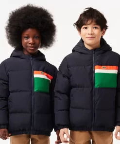 Lacoste Mädchenkleidung>Kapuzen-Pufferjacke Mit Kontraststreifen Navy Blau / Weis Kg2