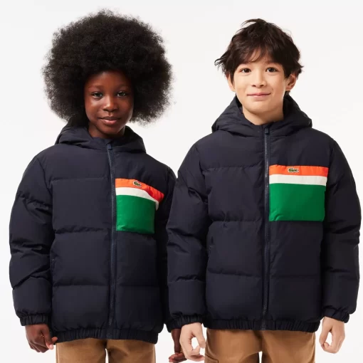 Lacoste Mädchenkleidung>Kapuzen-Pufferjacke Mit Kontraststreifen Navy Blau / Weis Kg2