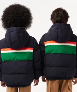 Lacoste Mädchenkleidung>Kapuzen-Pufferjacke Mit Kontraststreifen Navy Blau / Weis Kg2