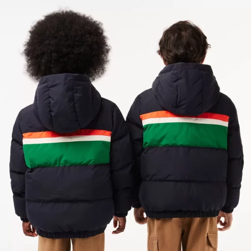 Lacoste Mädchenkleidung>Kapuzen-Pufferjacke Mit Kontraststreifen Navy Blau / Weis Kg2