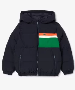 Lacoste Mädchenkleidung>Kapuzen-Pufferjacke Mit Kontraststreifen Navy Blau / Weis Kg2