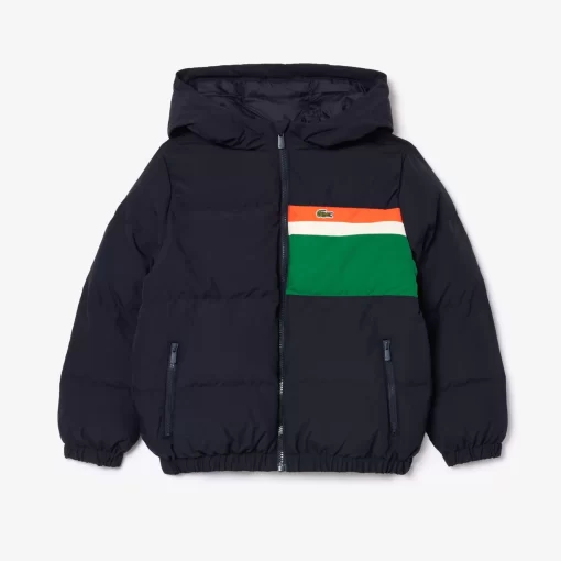 Lacoste Mädchenkleidung>Kapuzen-Pufferjacke Mit Kontraststreifen Navy Blau / Weis Kg2