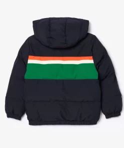 Lacoste Mädchenkleidung>Kapuzen-Pufferjacke Mit Kontraststreifen Navy Blau / Weis Kg2