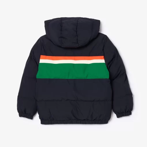 Lacoste Mädchenkleidung>Kapuzen-Pufferjacke Mit Kontraststreifen Navy Blau / Weis Kg2