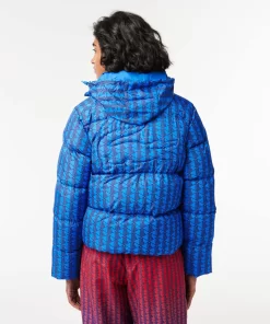 Lacoste Jacken & Mäntel>Kapuzen-Pufferjacke Mit Monogramm-Aufdruck Mit Puffer-Croc Hinten. Blau / Burgunder Nji