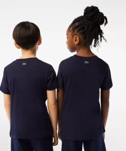 Lacoste Mädchenkleidung>Kinder T-Shirt Aus Baumwolljersey Mit Kontraststreifen Navy Blau 166