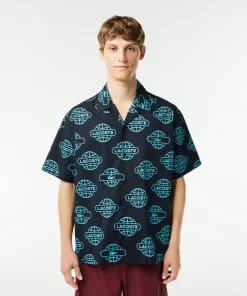 Lacoste Hemden> Hemd Aus Baumwoll-Twill Mit Globe-Aufdruck Schwarz / Blau Qpi