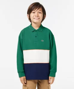 Lacoste Jungenkleidung>Langarmeliges Poloshirt Aus Baumwollpique Mit Colourblock Grun / Orange / Weis / Navy Blau P2I