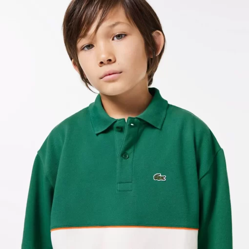 Lacoste Jungenkleidung>Langarmeliges Poloshirt Aus Baumwollpique Mit Colourblock Grun / Orange / Weis / Navy Blau P2I