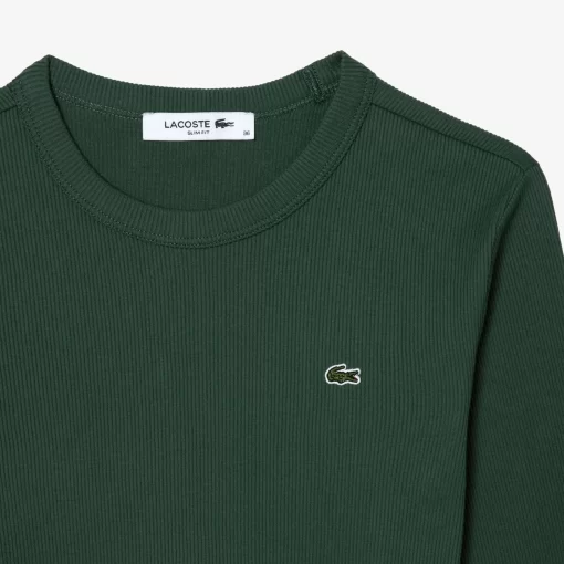 Lacoste T-Shirts>Langarmeliges T-Shirt Aus Gerippter Baumwolle Dunkelgrun Smi