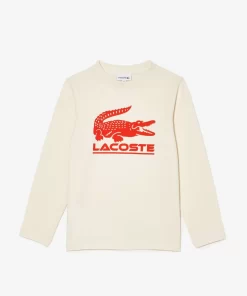 Lacoste Jungenkleidung>Langarmeliges T-Shirt Mit Kontrast-Aufdruck Creme Xfj