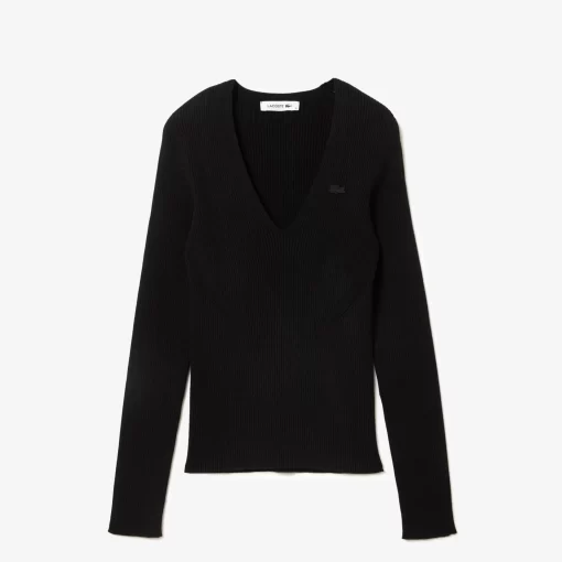 Lacoste Pullover>Nahtloser Gerippter Pullover Mit V-Ausschnitt Schwarz 031