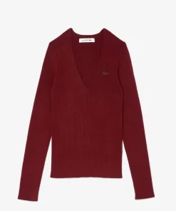 Lacoste Pullover>Nahtloser Gerippter Pullover Mit V-Ausschnitt Burgunder Yup