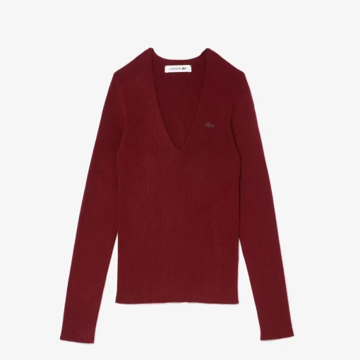 Lacoste Pullover>Nahtloser Gerippter Pullover Mit V-Ausschnitt Burgunder Yup