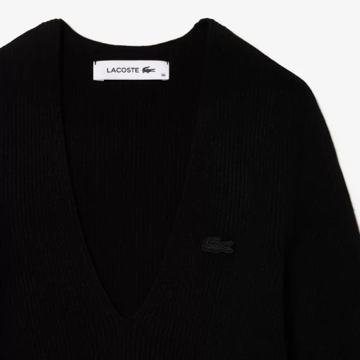 Lacoste Pullover>Nahtloser Gerippter Pullover Mit V-Ausschnitt Schwarz 031