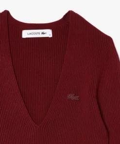 Lacoste Pullover>Nahtloser Gerippter Pullover Mit V-Ausschnitt Burgunder Yup