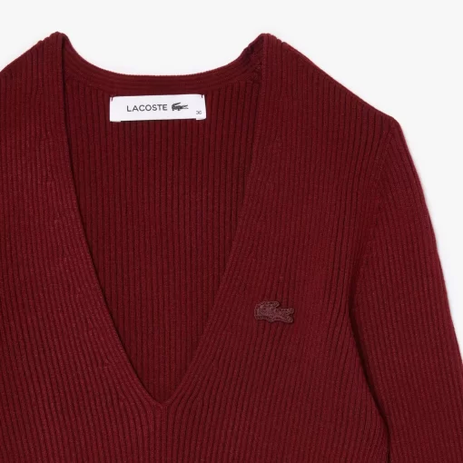 Lacoste Pullover>Nahtloser Gerippter Pullover Mit V-Ausschnitt Burgunder Yup