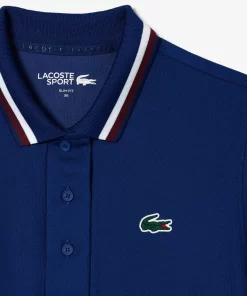 Lacoste Tennis>Pique Tennis-Poloshirt Mit Gestreiftem Kontrast-Kragen Navy Blau F9F