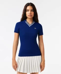 Lacoste Poloshirts>Poloshirt Aus Stretch-Pique Mit V-Ausschnitt Navy Blau F9F