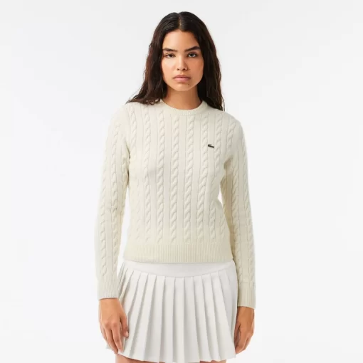 Lacoste Pullover>Pullover Aus Baumwoll- Wollmischung Mit Zopfmuster Weis Nyv