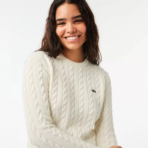 Lacoste Pullover>Pullover Aus Baumwoll- Wollmischung Mit Zopfmuster Weis Nyv