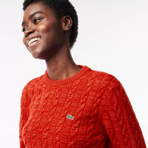 Lacoste Pullover>Pullover Aus Baumwoll- Wollmischung Mit Zopfmuster Rot / Orange Qif