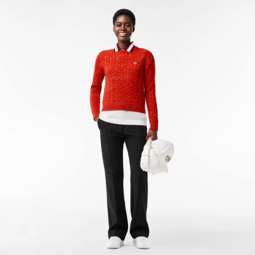 Lacoste Pullover>Pullover Aus Baumwoll- Wollmischung Mit Zopfmuster Rot / Orange Qif