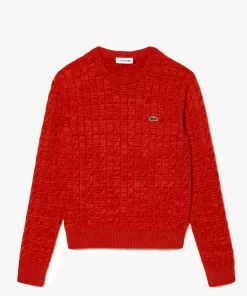 Lacoste Pullover>Pullover Aus Baumwoll- Wollmischung Mit Zopfmuster Rot / Orange Qif