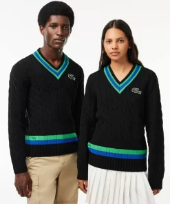 Lacoste Pullover>Pullover Im Zopfmuster Mit V-Ausschnitt Und Streifendetail Schwarz / Grun / Blau Pbi