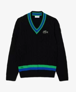 Lacoste Pullover>Pullover Im Zopfmuster Mit V-Ausschnitt Und Streifendetail Schwarz / Grun / Blau Pbi