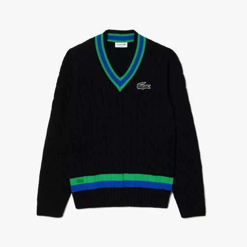 Lacoste Pullover>Pullover Im Zopfmuster Mit V-Ausschnitt Und Streifendetail Schwarz / Grun / Blau Pbi