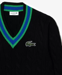 Lacoste Pullover>Pullover Im Zopfmuster Mit V-Ausschnitt Und Streifendetail Schwarz / Grun / Blau Pbi