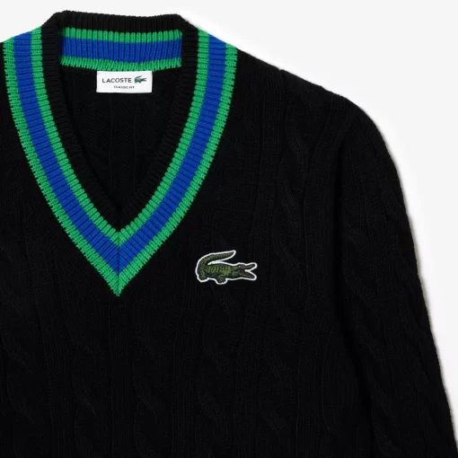 Lacoste Pullover>Pullover Im Zopfmuster Mit V-Ausschnitt Und Streifendetail Schwarz / Grun / Blau Pbi