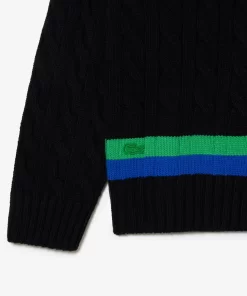 Lacoste Pullover>Pullover Im Zopfmuster Mit V-Ausschnitt Und Streifendetail Schwarz / Grun / Blau Pbi