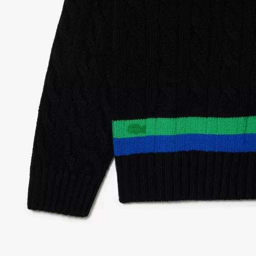 Lacoste Pullover>Pullover Im Zopfmuster Mit V-Ausschnitt Und Streifendetail Schwarz / Grun / Blau Pbi