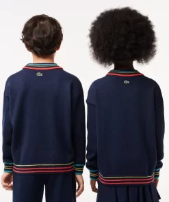 Lacoste Mädchenkleidung>Pullover Mit V-Ausschnitt Aus Baumwoll- Und Wollmischung Navy Blau / Weis Qrn