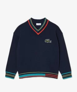 Lacoste Mädchenkleidung>Pullover Mit V-Ausschnitt Aus Baumwoll- Und Wollmischung Navy Blau / Weis Qrn