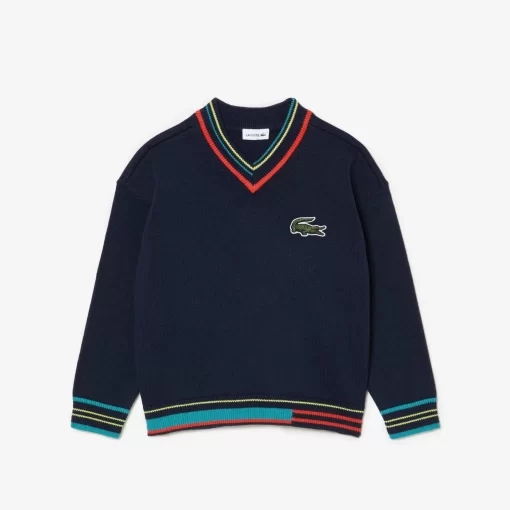 Lacoste Mädchenkleidung>Pullover Mit V-Ausschnitt Aus Baumwoll- Und Wollmischung Navy Blau / Weis Qrn