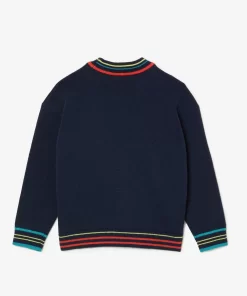 Lacoste Mädchenkleidung>Pullover Mit V-Ausschnitt Aus Baumwoll- Und Wollmischung Navy Blau / Weis Qrn