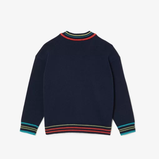 Lacoste Mädchenkleidung>Pullover Mit V-Ausschnitt Aus Baumwoll- Und Wollmischung Navy Blau / Weis Qrn