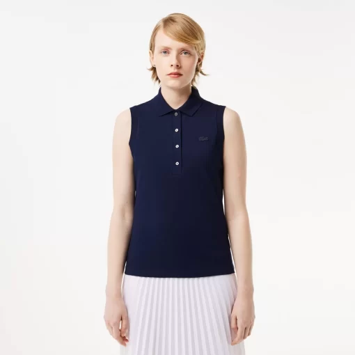 Lacoste Poloshirts>Slim Fit Armelloses Damen Poloshirt Aus Baumwoll-Pique Navy Blau 166