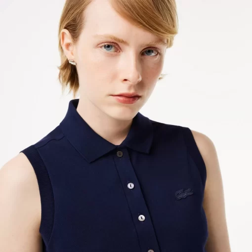 Lacoste Poloshirts>Slim Fit Armelloses Damen Poloshirt Aus Baumwoll-Pique Navy Blau 166