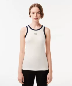 Lacoste T-Shirts>Tank Top Aus Gerippter Strickware Mit Tennis-Aufnaher Weis / Navy Blau Ev0