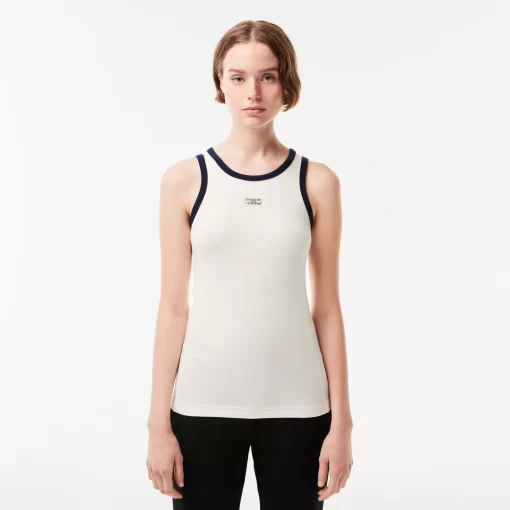 Lacoste T-Shirts>Tank Top Aus Gerippter Strickware Mit Tennis-Aufnaher Weis / Navy Blau Ev0