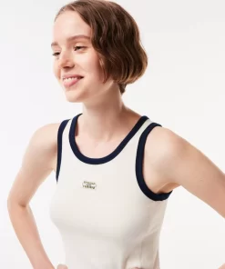 Lacoste T-Shirts>Tank Top Aus Gerippter Strickware Mit Tennis-Aufnaher Weis / Navy Blau Ev0