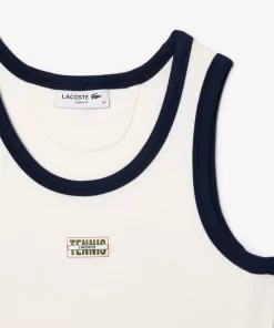 Lacoste T-Shirts>Tank Top Aus Gerippter Strickware Mit Tennis-Aufnaher Weis / Navy Blau Ev0