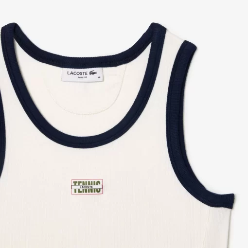 Lacoste T-Shirts>Tank Top Aus Gerippter Strickware Mit Tennis-Aufnaher Weis / Navy Blau Ev0