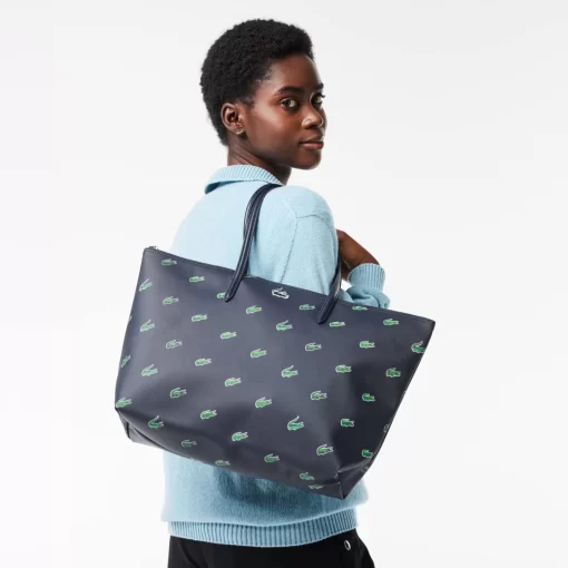 Lacoste Taschen>Tote Bag Aus Beschichtetem Canvas Mit Croc Print Peacoat 021